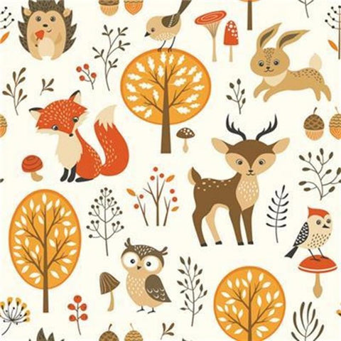 Woodland animals and trees pattern on a white background