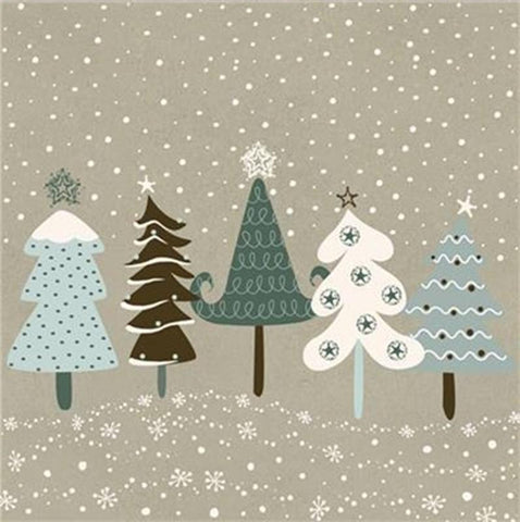 Illustration of stylized Christmas trees on a snowy background