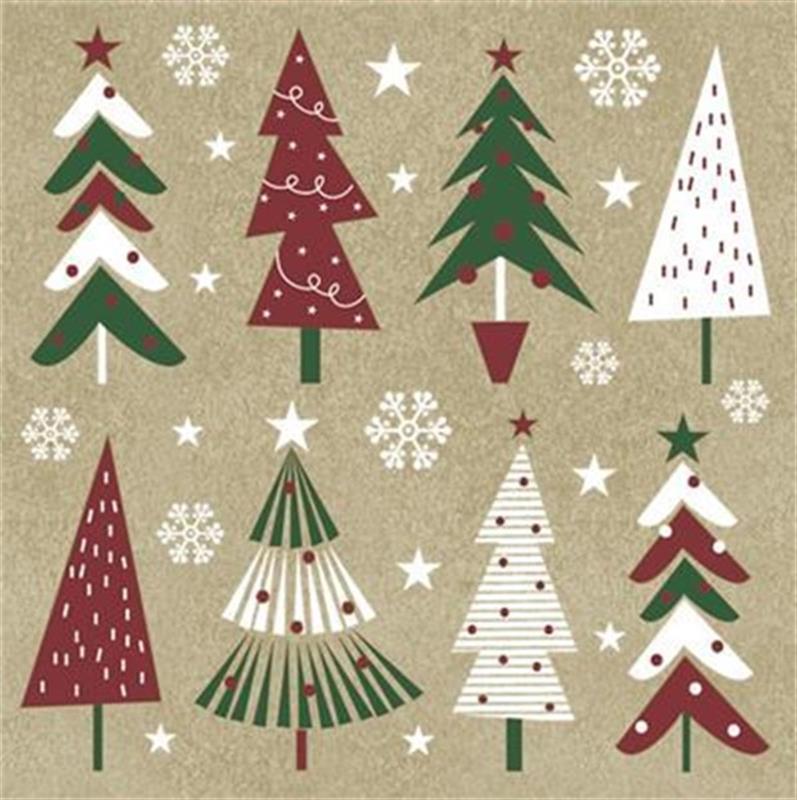 Pattern of stylized Christmas trees and snowflakes on a beige background