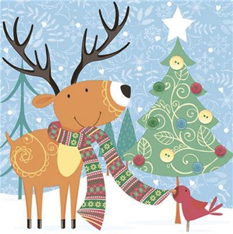 Cartoon reindeer with a colorful scarf next to a decorated Christmas tree on a blue snowy background.