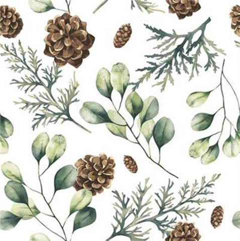 Pattern of green leaves and brown pinecones on a white background