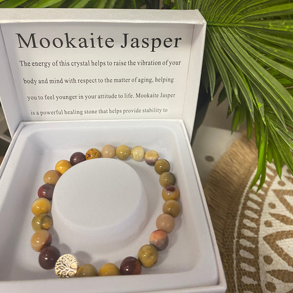 Mookaite Jasper bracelet in a box with plant and patterned fabric in the background