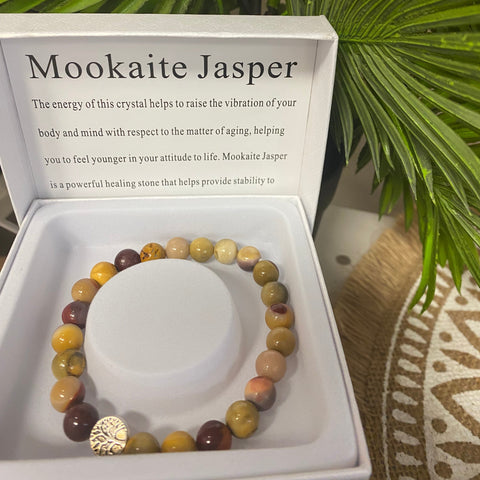 Mookaite Jasper bracelet in a box with plant and patterned fabric in the background