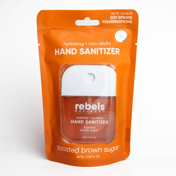 Orange package of rebels Toasted Brown Sugar hand sanitizer on a white background