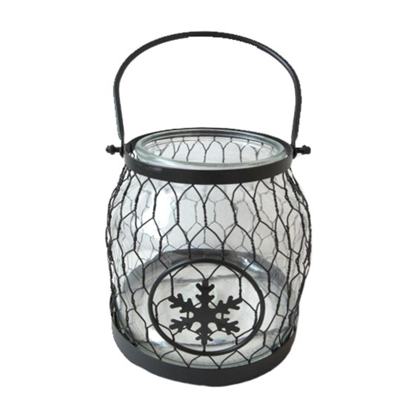 Decorative lantern with wire mesh design and snowflake emblem on a white background