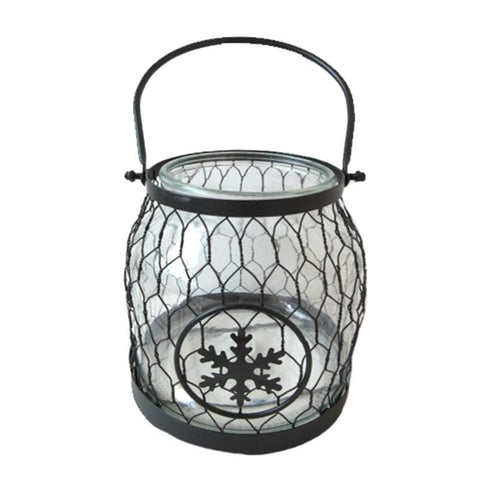 Decorative lantern with wire mesh design and snowflake emblem on a white background