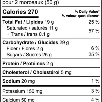 Nutrition facts label for a food product with detailed calorie and nutrient information.