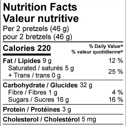 Nutrition facts label for 2 pretzels (46 g) with detailed calorie and nutrient breakdown.