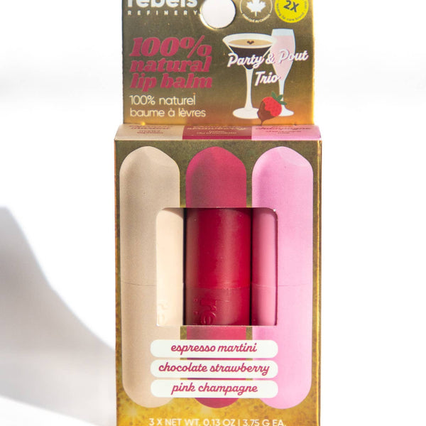 Packaged lip balm set with 'rebel' branding on a white background