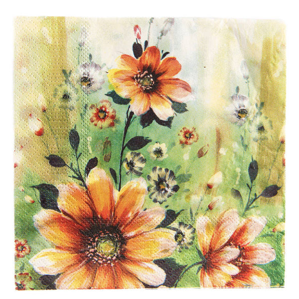 A square decorative paper napkin featuring a watercolor-style floral print with large orange and yellow flowers on a soft green and cream background, shown on a plain white backdrop.