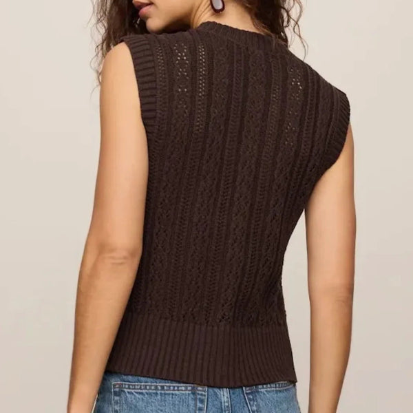 A woman shown from the back wearing a sleeveless dark brown ribbed knit top with textured vertical patterns, paired with blue jeans, against a plain light beige background.