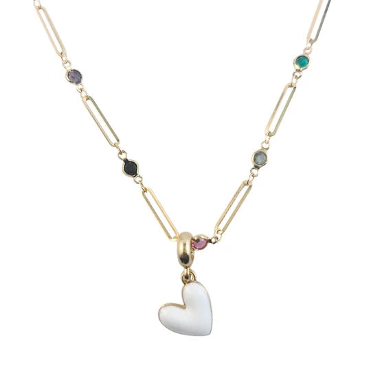 Necklace with a heart pendant and multicolored beads on a white background