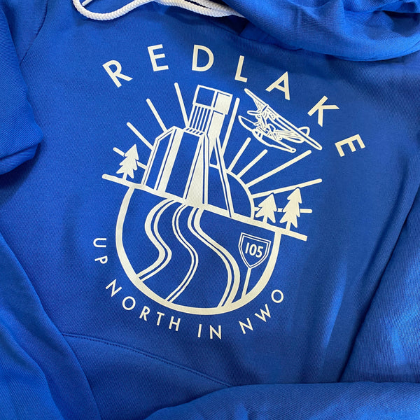 Blue hoodie with white graphic and text on a plain background