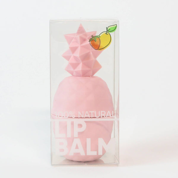 Pink lip balm in a clear packaging with a pineapple design on a white background