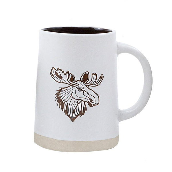 White mug with brown moose design on a white background