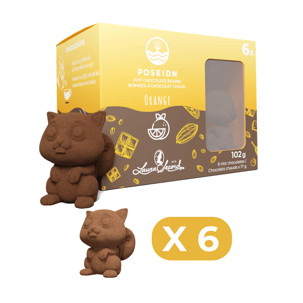 Chocolate figurine with packaging labeled '6 Hot Chocolate Bonbons' on a white background