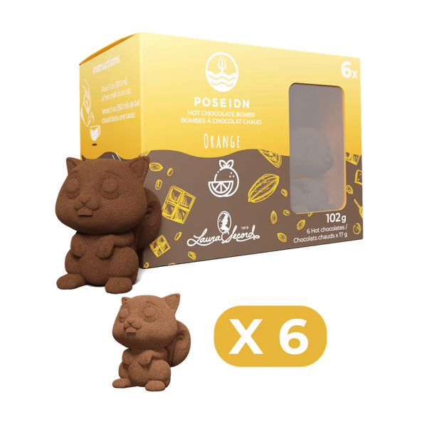 Chocolate figurine with packaging labeled '6 Hot Chocolate Bonbons' on a white background