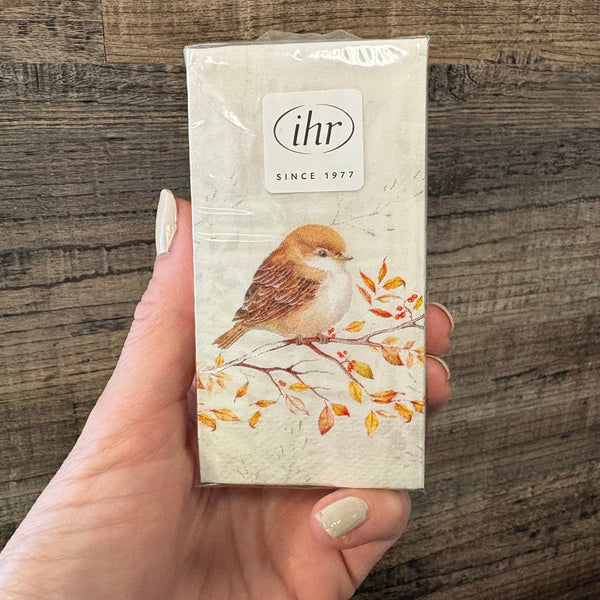 A hand holding a packaged paper towel or napkin box with a bird illustration on a wood-grain background. The package shows the brand name 'ihr' and the text 'SINCE 1977'.