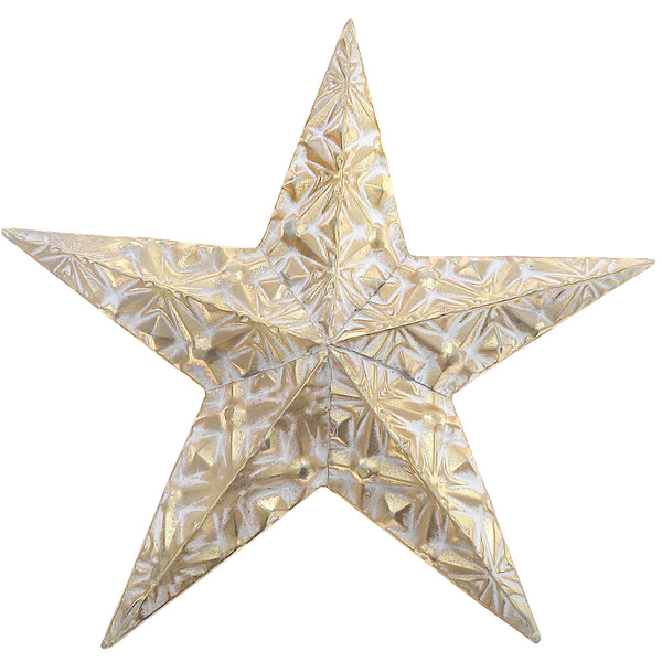 A five-pointed star wall decor piece with a textured, embossed floral pattern in metallic gold and silver, isolated on a white background.
