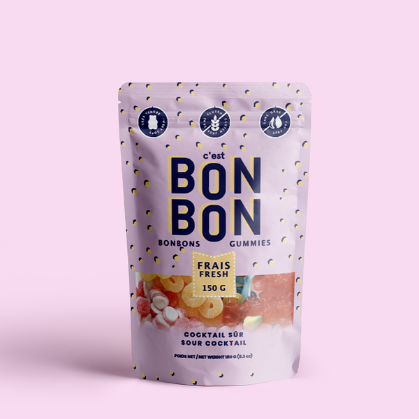 Packaging of Bon Bon gummies on a pink background
