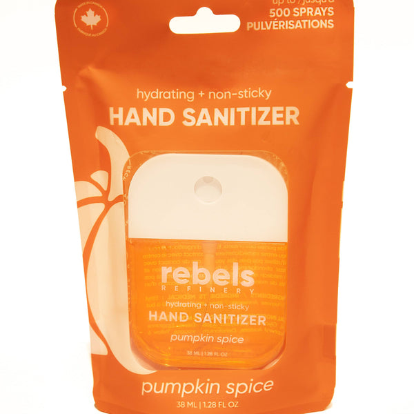 A package of Rebels Refinery Hand Sanitizer in Pumpkin Spice scent, featuring a bright orange resealable pouch with a clear window showing the white sanitizer block inside.