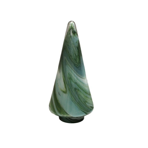 Tapered green and white marble-like object on a white background