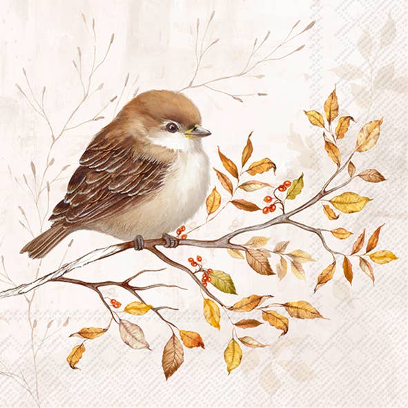 A watercolor-style illustration of a small brown and cream bird perched on a branch with yellow and orange leaves and a few red berries, set against a light textured beige background.