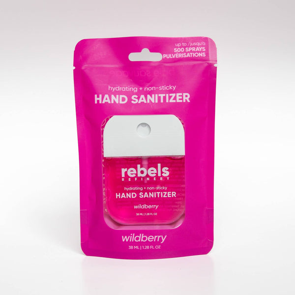 Pink package of rebels hand sanitizer with a white background