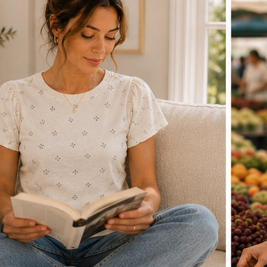 Woman reading a book on a couch next to a market scene with fruits and people.