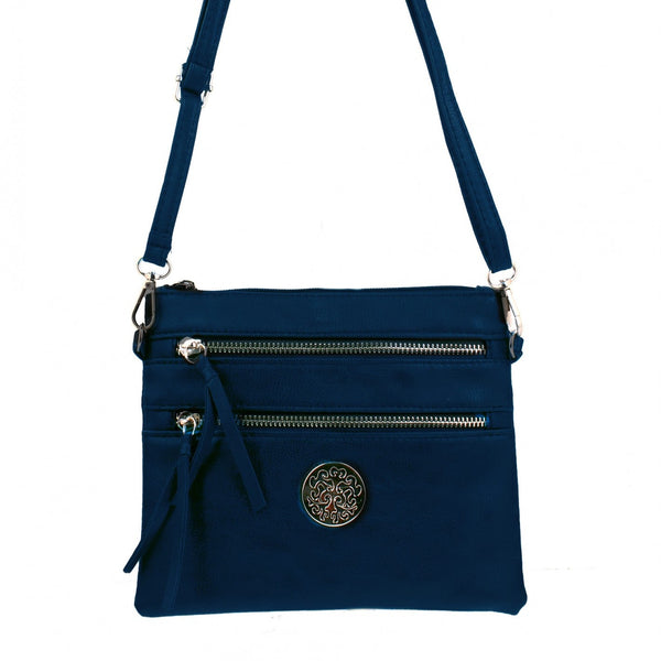 Navy blue crossbody bag with a visible brand logo on a white background