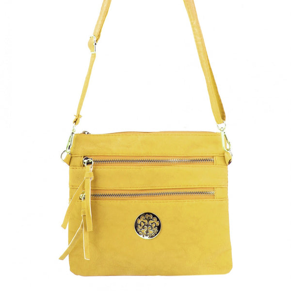 Yellow crossbody bag with a visible brand logo on a white background