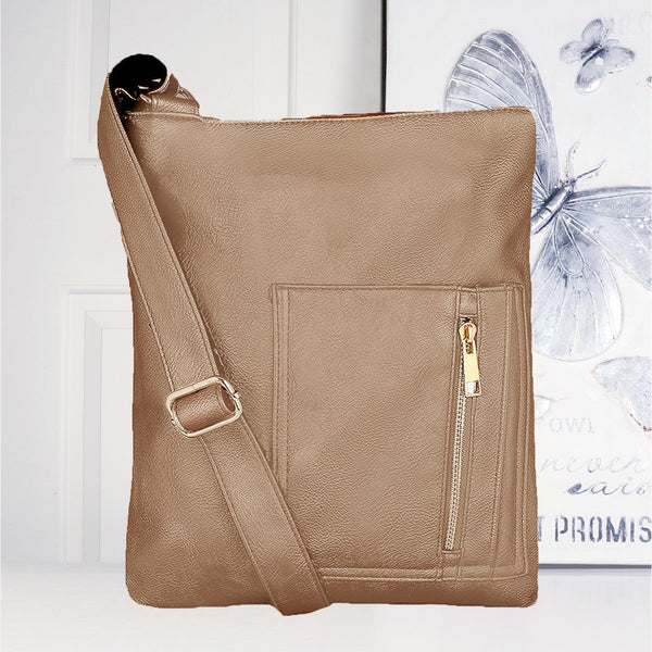 Beige crossbody bag with a visible brand logo on a white background