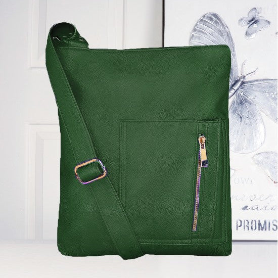 Green shoulder bag with a strap and zipper on a white background