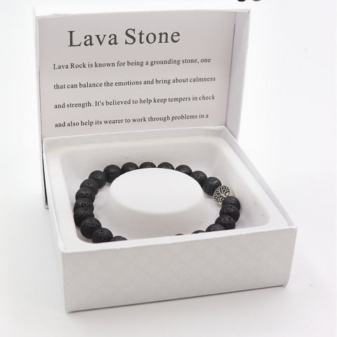 Lava stone bracelet in a white box with descriptive text on a white background