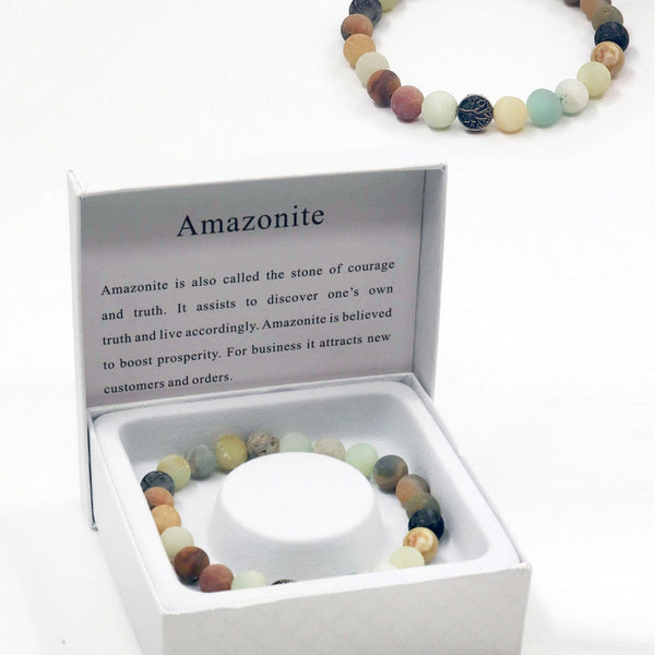 Amazonite bracelet in a box with information card on a white background