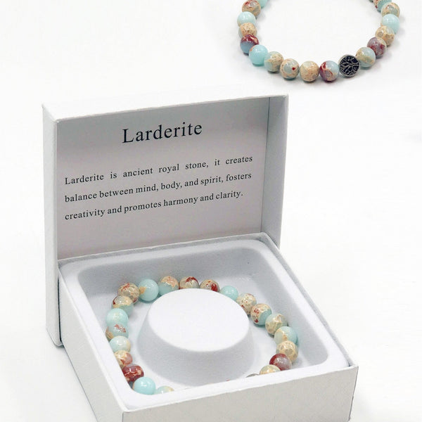 Larderite bracelet in a white box with descriptive text on a white background