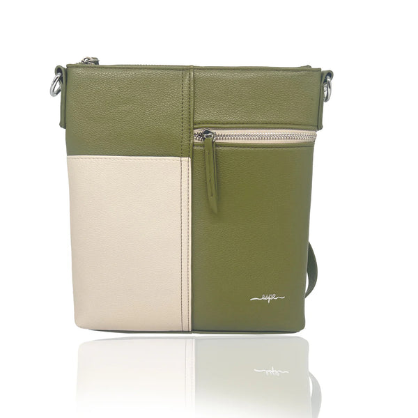 Green and beige crossbody bag on a white background