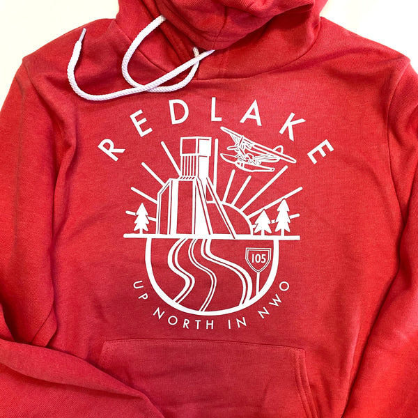Red hoodie with 'Red Lake' graphic design on a white background