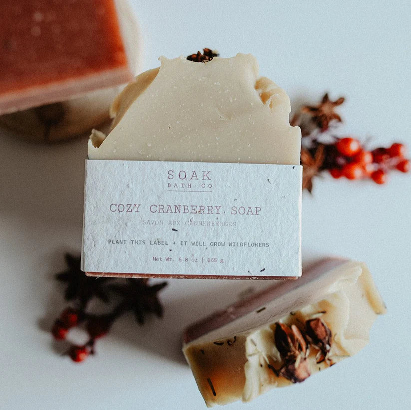 Cozy Cranberry soap bar with a visible label on a light background