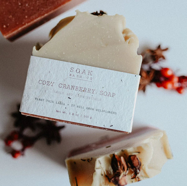 Bar of soap with 'SOAK' branding on a white surface with star anise and cranberries.