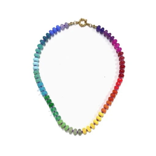 A beaded chakra necklace featuring translucent round beads arranged in a rainbow gradient, with a gold-toned clasp, shown on a plain white background.