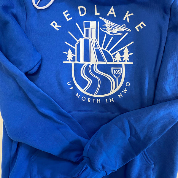 Blue hoodie with a white graphic design on a beige background
