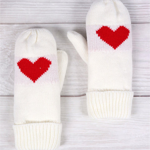 Happy Heart Mittens - White