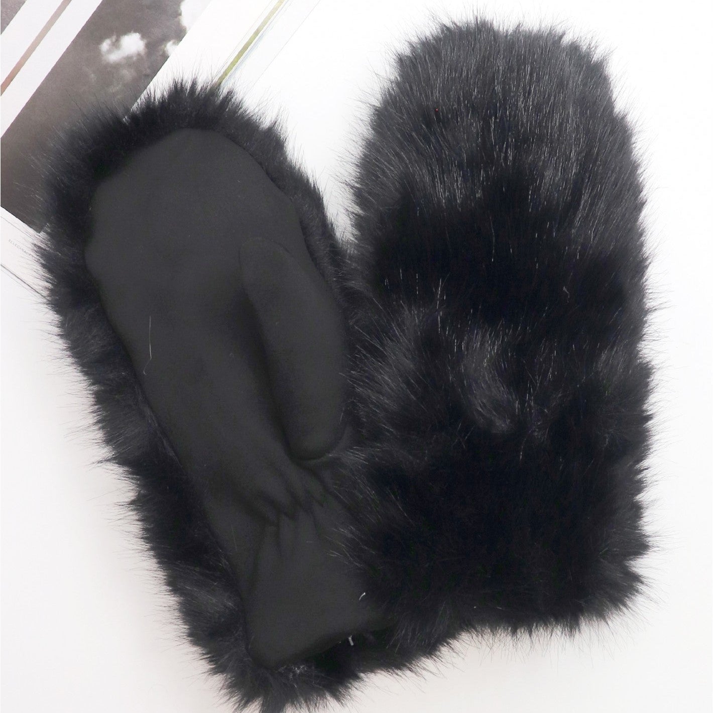 black faux fur mittens