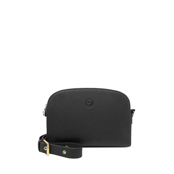 Black leather crossbody bag with gold accents on a white background