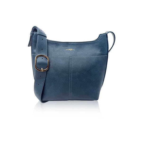 Blue leather handbag with a gold buckle on a white background