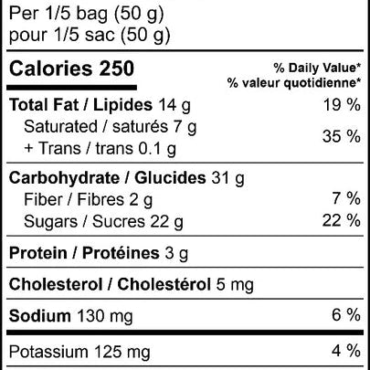 Nutrition facts label for a product with detailed calorie and ingredient information.
