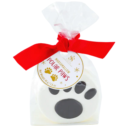 Polar Paws marshmallow package with a red ribbon on a white background
