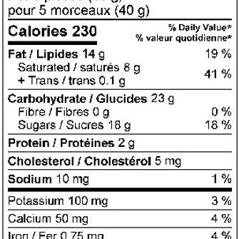 Nutrition facts label for a product with specific calorie count, fat content, and other nutritional details.