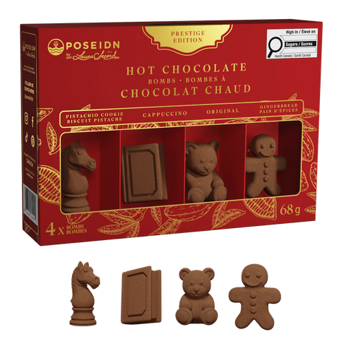 Red box of Poseidn hot chocolate bombs with four different shapes on a white background